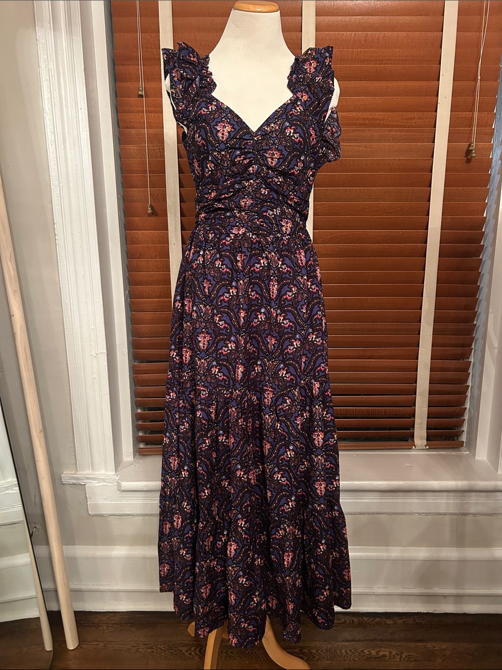 Caroline Constas Navy Paisley Maxi Dress with Ruffle Straps